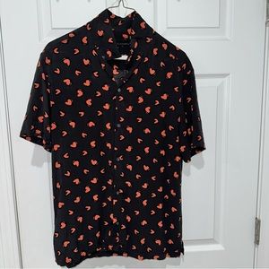 All Saints red/pinkish hearts black short sleeve shirt size M